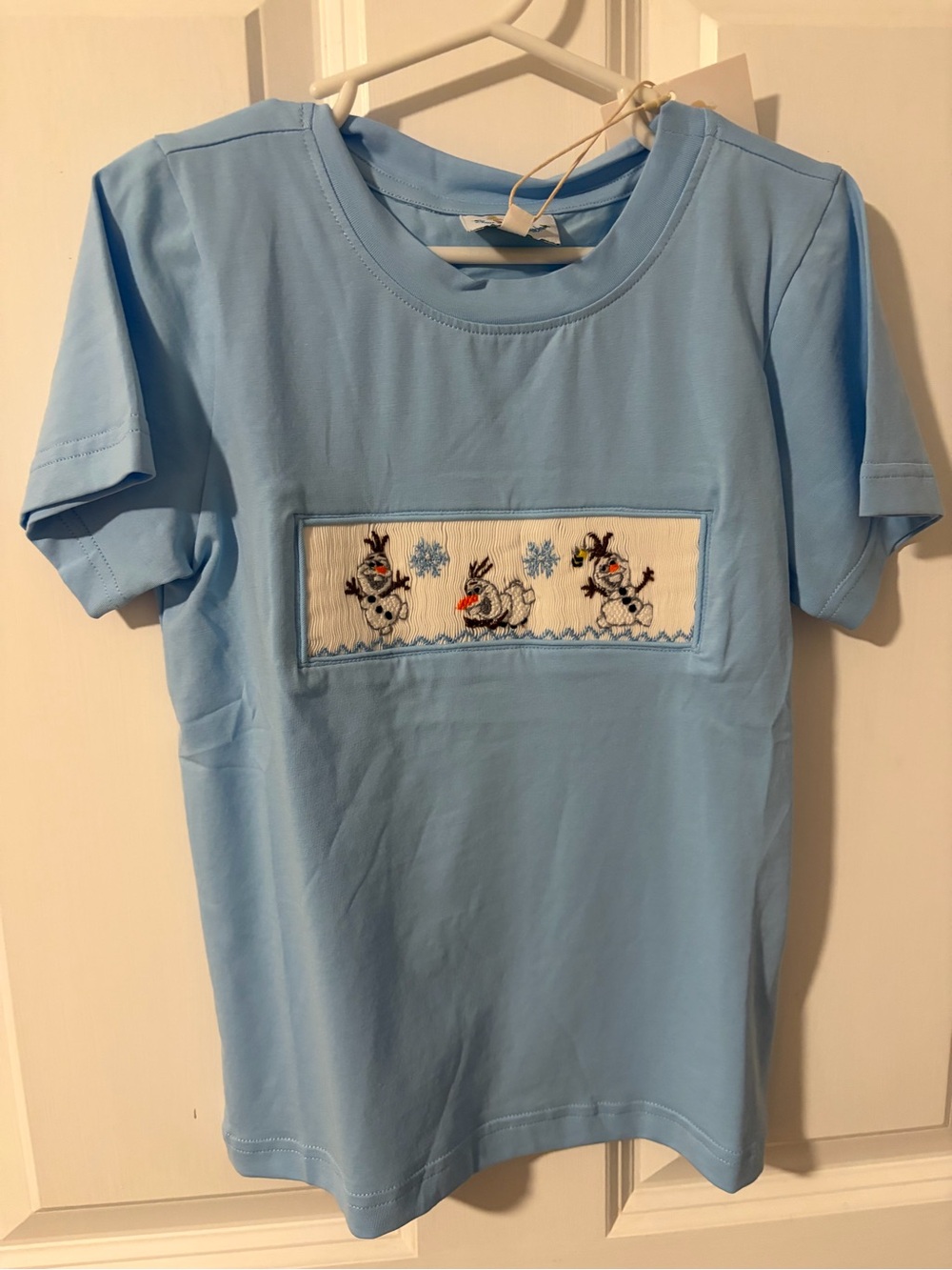 Kids Light Blue Short Sleeve Smocked Tee with Snowman Olaf